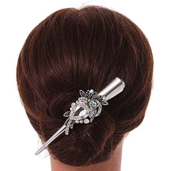 Vintage Inspired Silver Tone Crystal Floral Hair Clip Long Thick Hair main image 9
